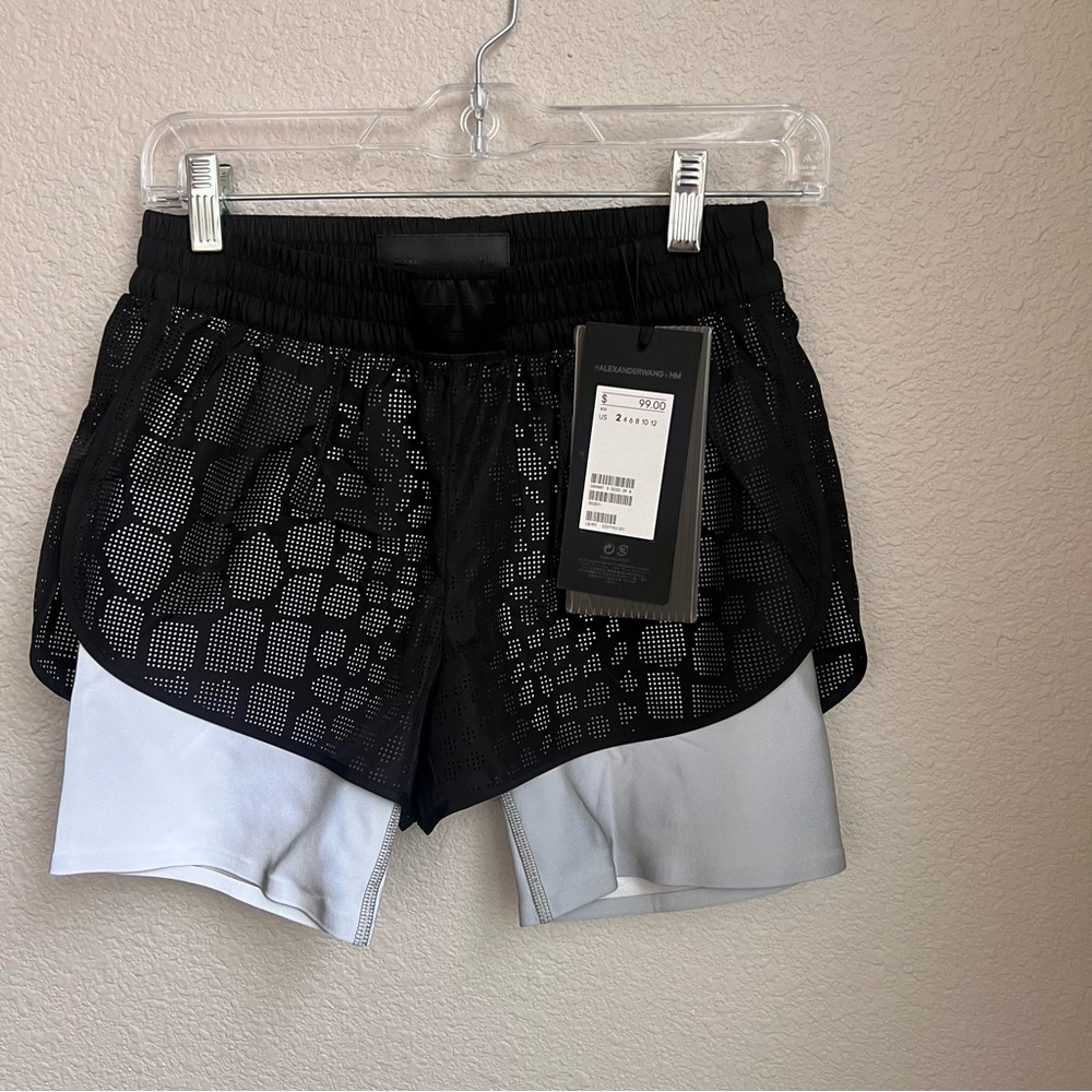 NWT Alexander Wang H&M Reflective Black Gray Biker 2 In 1 Shorts Size 2